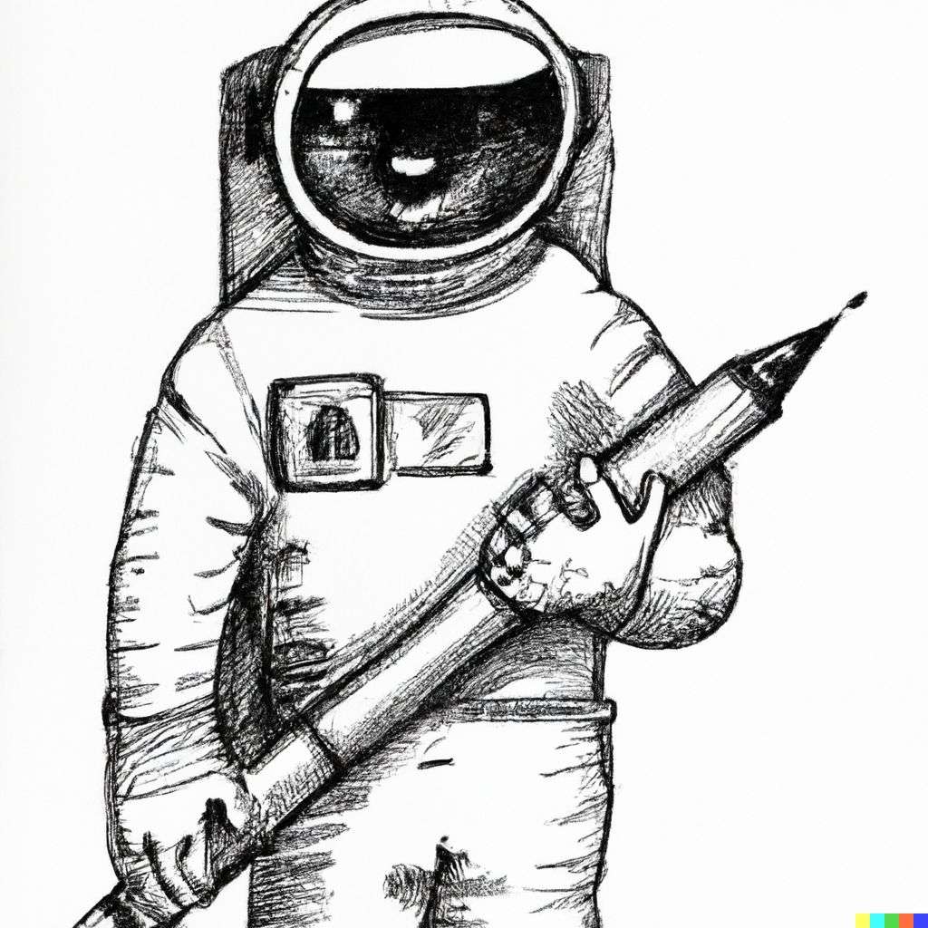 an astronaut, pen and ink caricature